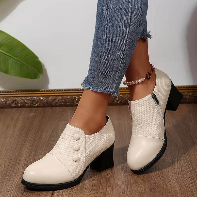 Elegant Women’s Chunky Block Heel Shootie Shoes, Retro Textured Faux Leather Button‑Accent Closed‑Toe Business Casual Footwear