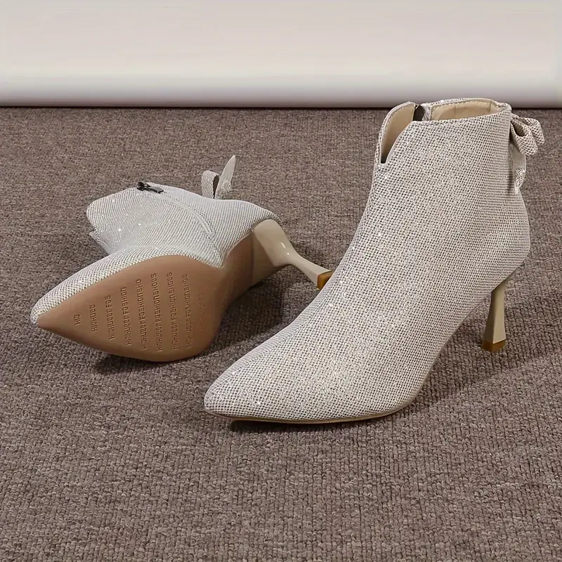 womens solid color glitter boots side zipper casual stiletto bowknot decor boots sequins pattern dress shoes for music festival 2