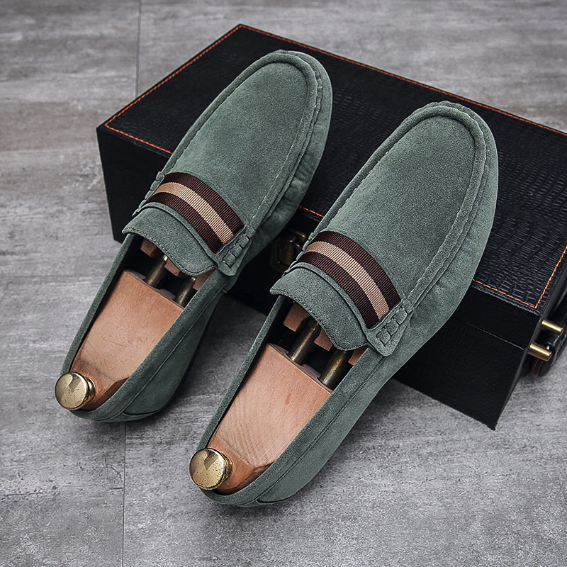 Men Striped Band Suede Loafers Lightweight Slip-On Driving Moccasins Casual Daily Walking Dress Shoes