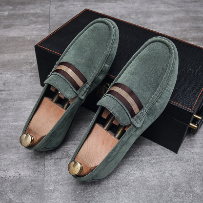 Men Striped Band Suede Loafers Lightweight Slip-On Driving Moccasins Casual Daily Walking Dress Shoes