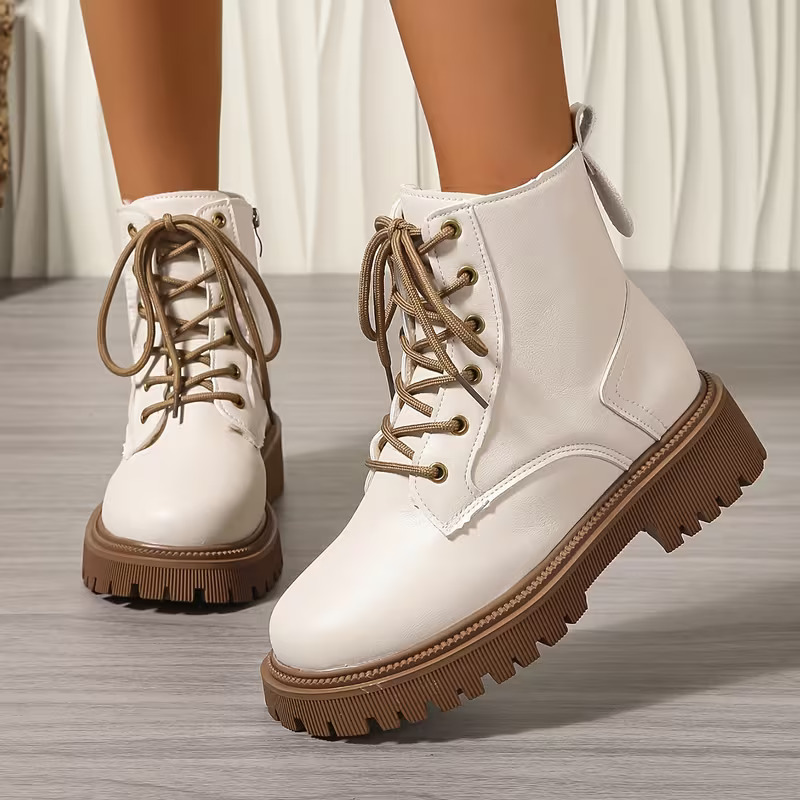 Women's Fleece Lined Platform Ankle Boots, Warm Lace-Up Winter Martin Boots with Side Zipper