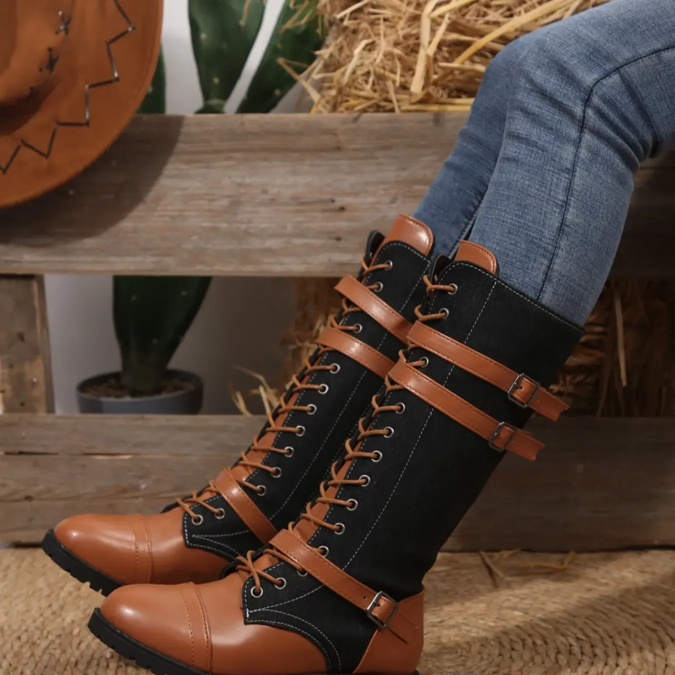 Vintage Western Knee High Boots for Women, Patchwork Lace-up Riding Boots with Adjustable Buckles