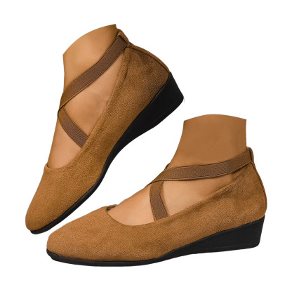 Women's Dress Flats Ballet Low Wedge Round Toe Ankle Strap Criss Cross Office Work Casual Shoes