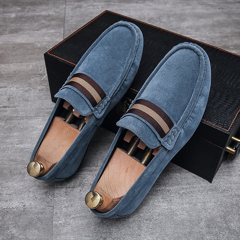Men Striped Band Suede Loafers Lightweight Slip-On Driving Moccasins Casual Daily Walking Dress Shoes