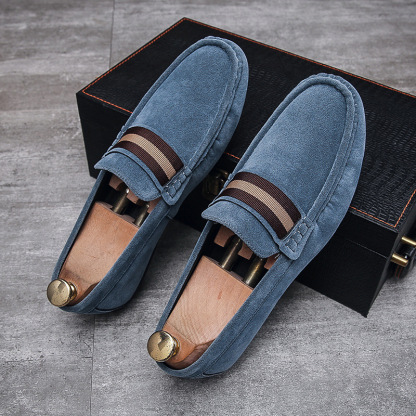 Men Striped Band Suede Loafers Lightweight Slip-On Driving Moccasins Casual Daily Walking Dress Shoes