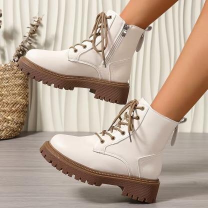 Women's Fleece Lined Platform Ankle Boots, Warm Lace-Up Winter Martin Boots with Side Zipper