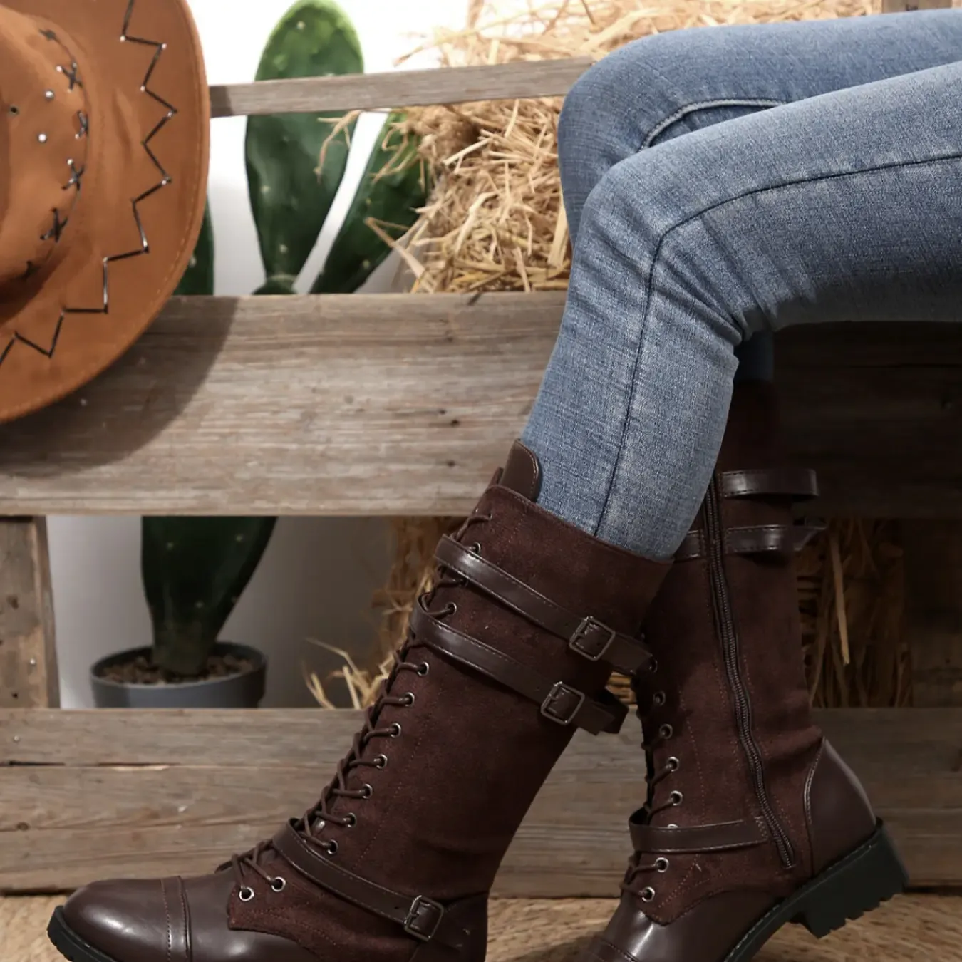Vintage Western Knee High Boots for Women, Patchwork Lace-up Riding Boots with Adjustable Buckles