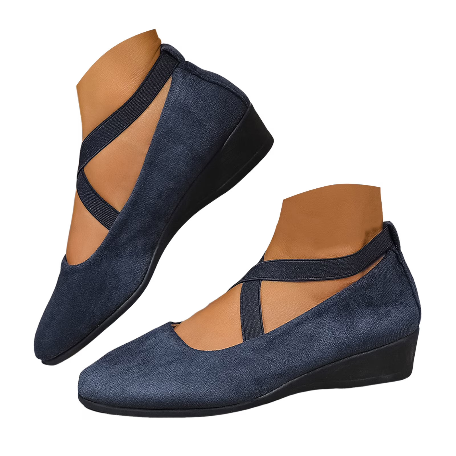 Women's Dress Flats Ballet Low Wedge Round Toe Ankle Strap Criss Cross Office Work Casual Shoes