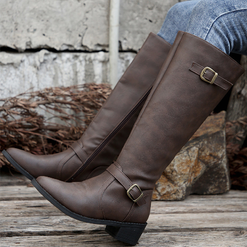 Women's Round Toe Buckle Side Zipper Mid-Calf Boots
