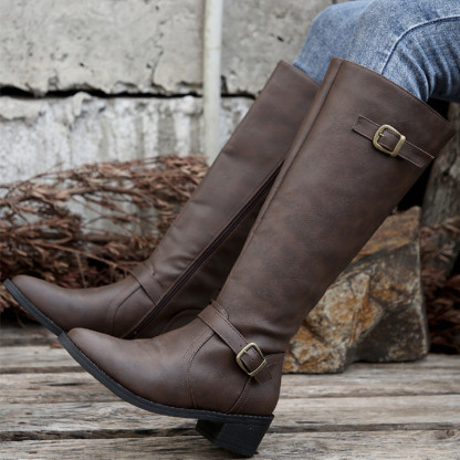 Women's Round Toe Buckle Side Zipper Mid-Calf Boots
