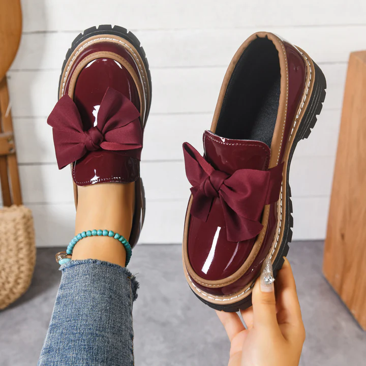 Ribbon Bow Shiny Loafers Thick Platform Slip On Casual Preppy School Shoes for Women