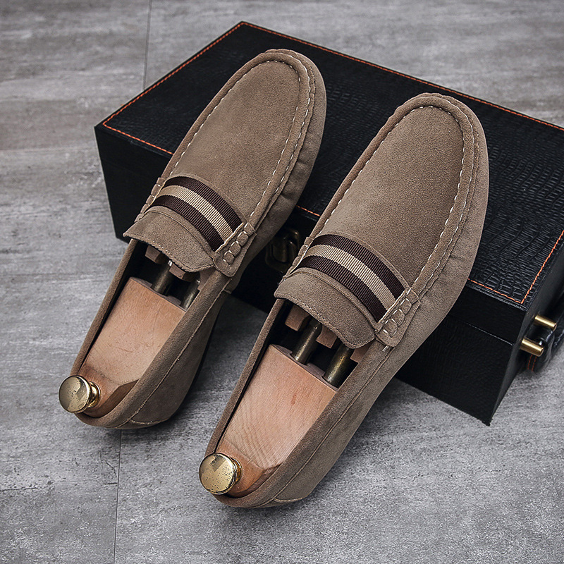 Men Striped Band Suede Loafers Lightweight Slip-On Driving Moccasins Casual Daily Walking Dress Shoes
