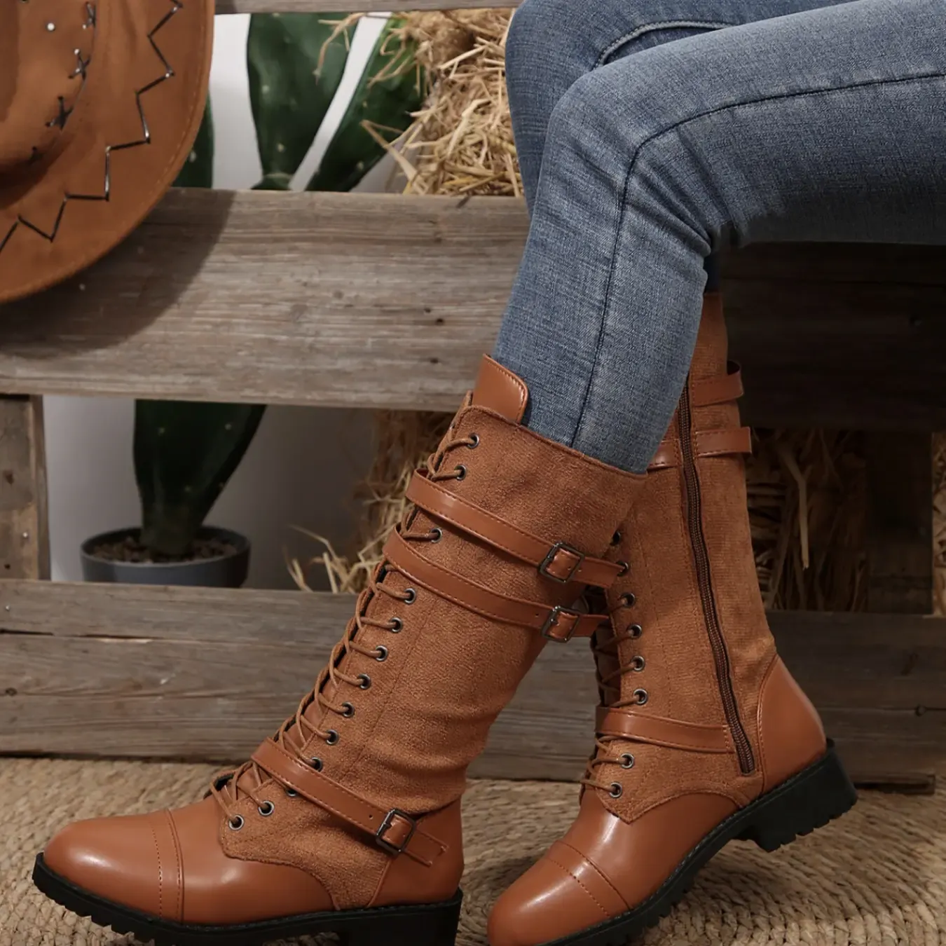 Vintage Western Knee High Boots for Women, Patchwork Lace-up Riding Boots with Adjustable Buckles
