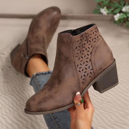 Vintage Distressed Women Ankle Boots, Hollow Cutout Design Chunky Heel Booties