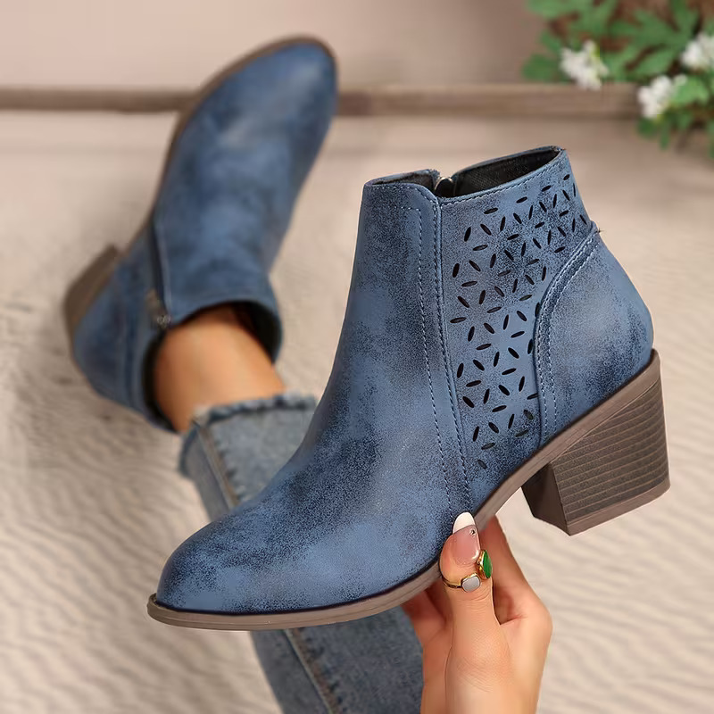 Vintage Distressed Women Ankle Boots, Hollow Cutout Design Chunky Heel Booties