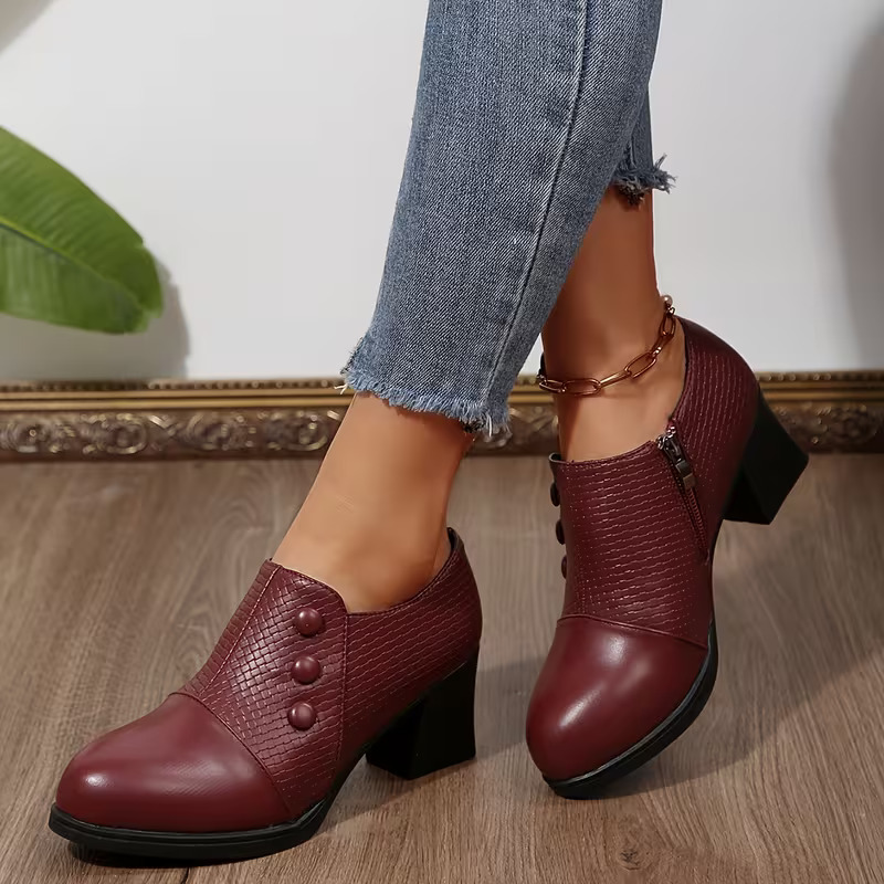 Elegant Women’s Chunky Block Heel Shootie Shoes, Retro Textured Faux Leather Button‑Accent Closed‑Toe Business Casual Footwear