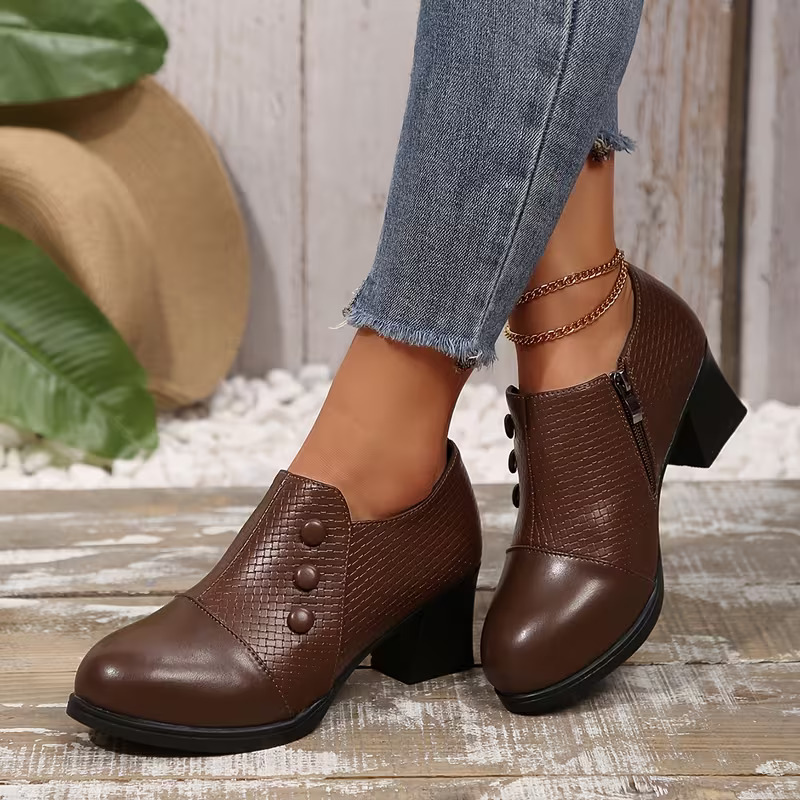 Elegant Women’s Chunky Block Heel Shootie Shoes, Retro Textured Faux Leather Button‑Accent Closed‑Toe Business Casual Footwear