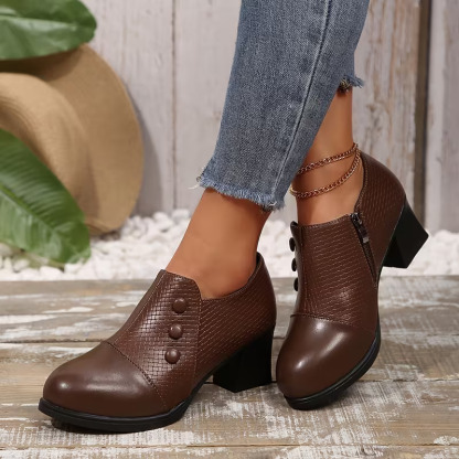 Elegant Women’s Chunky Block Heel Shootie Shoes, Retro Textured Faux Leather Button‑Accent Closed‑Toe Business Casual Footwear