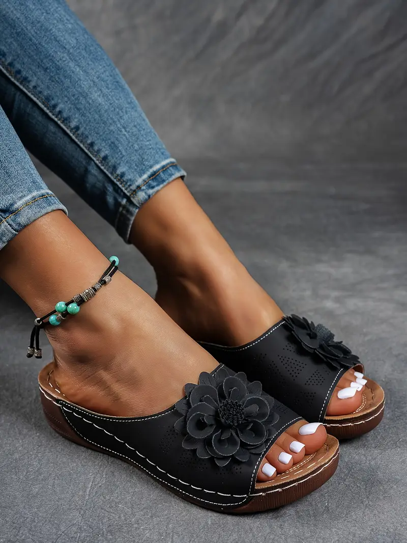 womens floral embellished sandals comfortable flat brown perforated design   thick rubber sole casual summer shoes everyday sandals summer style shoes pu cover sandals strappy sandals details 8