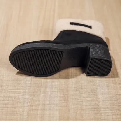 💝Elegant Women's Ankle Boots with Fur Trim, Zipper Closure, Thick High Heel, Round Toe, Plush Faux Fur Lining