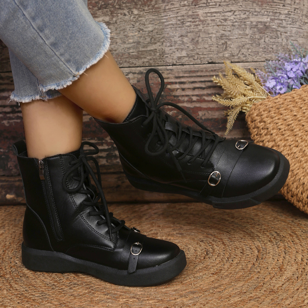 Women's Fashion Ankle Boots - Winter Side Zip, Chunky Heel with Rubber Sole