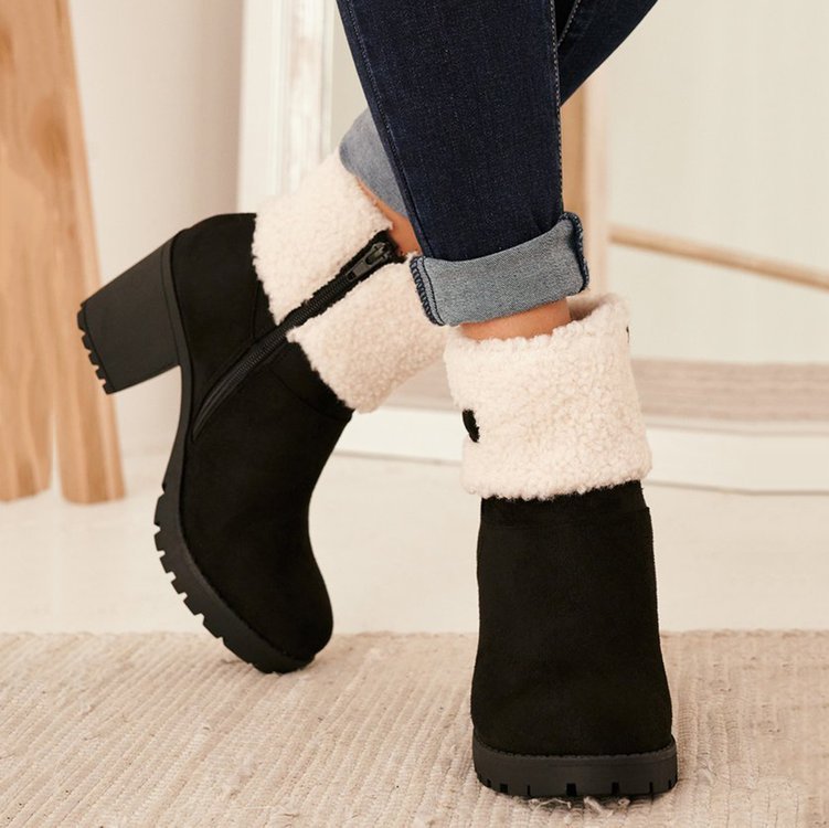 💝Elegant Women's Ankle Boots with Fur Trim, Zipper Closure, Thick High Heel, Round Toe, Plush Faux Fur Lining