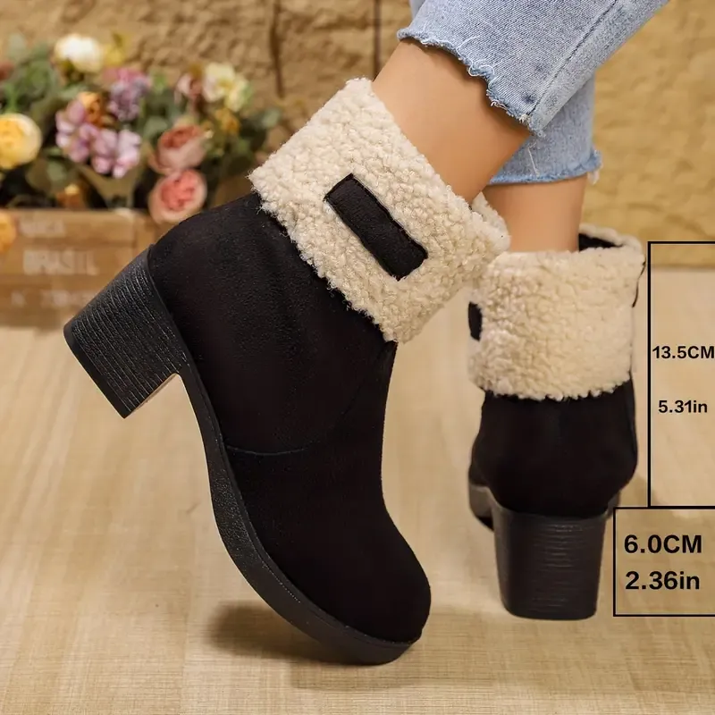 💝Elegant Women's Ankle Boots with Fur Trim, Zipper Closure, Thick High Heel, Round Toe, Plush Faux Fur Lining