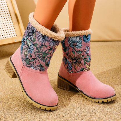 Flowers Embroidered Snow Boots Ethnic Style Platform Thick Square Heel Mid-tube Boot Winter Warm Cotton Shoes For Women
