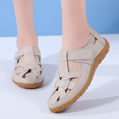 Women's Summer Sandals - Solid Color, Breathable Cut-Out Design, Flat Heel