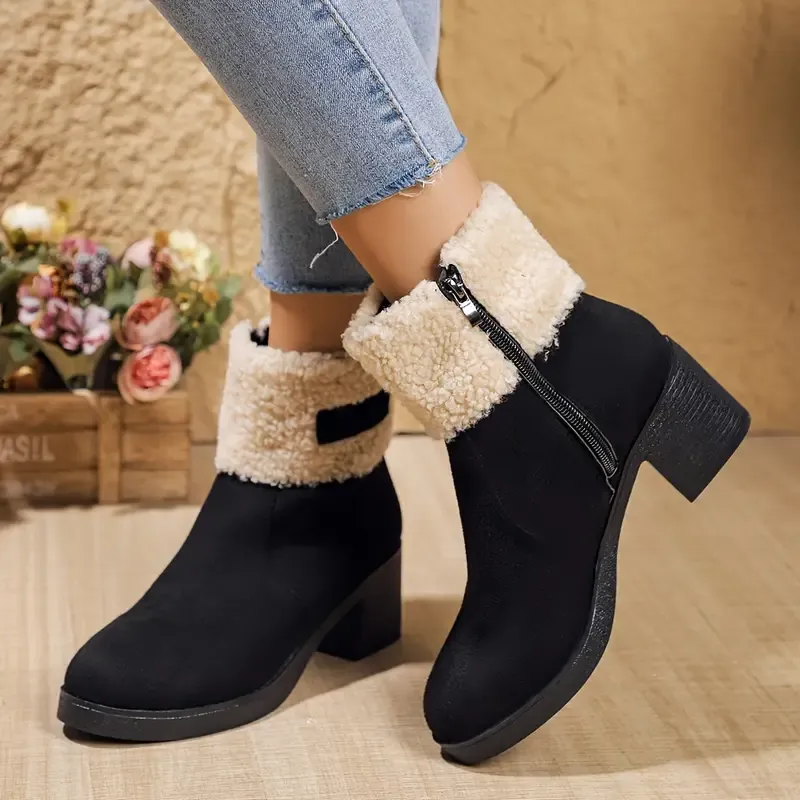 Elegant Women's Ankle Boots with Fur Trim, Zipper Closure, Thick High 