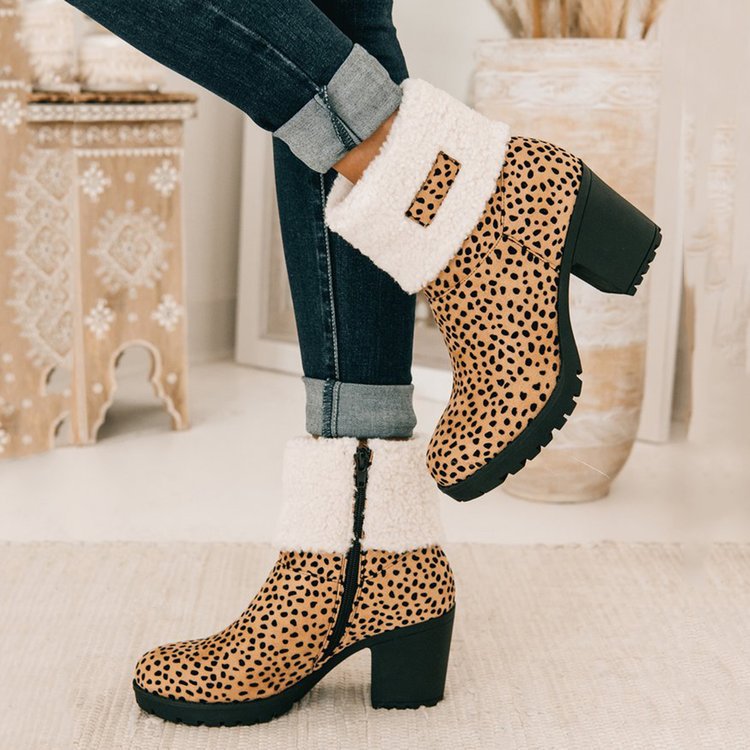 💝Elegant Women's Ankle Boots with Fur Trim, Zipper Closure, Thick High Heel, Round Toe, Plush Faux Fur Lining
