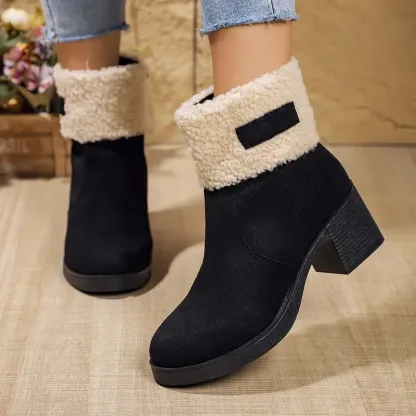 💝Elegant Women's Ankle Boots with Fur Trim, Zipper Closure, Thick High Heel, Round Toe, Plush Faux Fur Lining