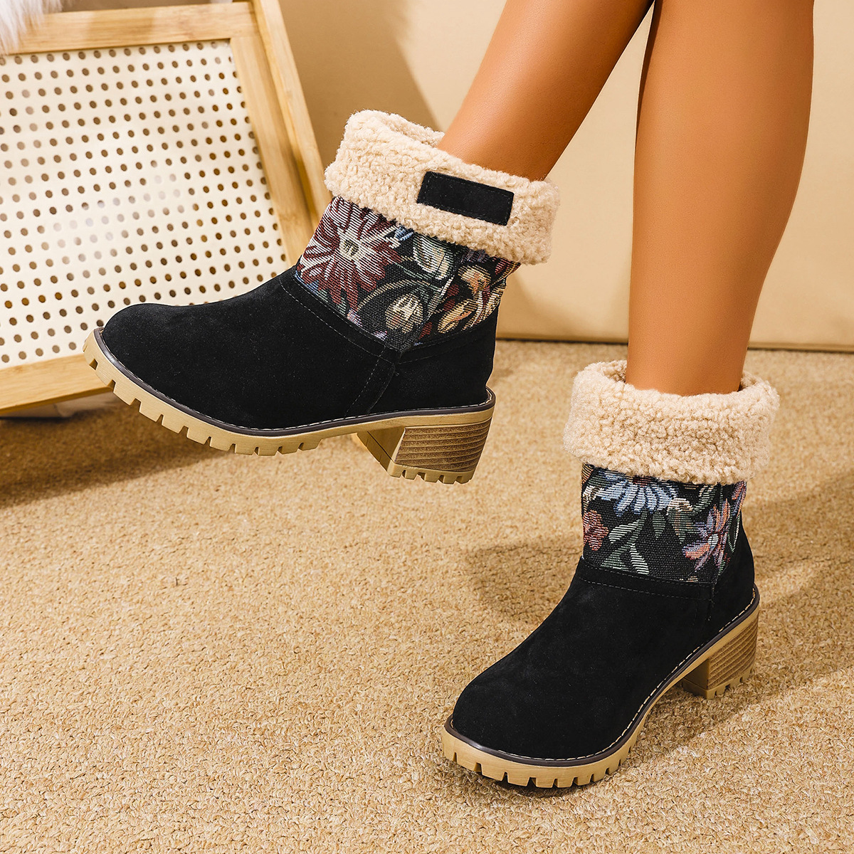 Flowers Embroidered Snow Boots Ethnic Style Platform Thick Square Heel Mid-tube Boot Winter Warm Cotton Shoes For Women