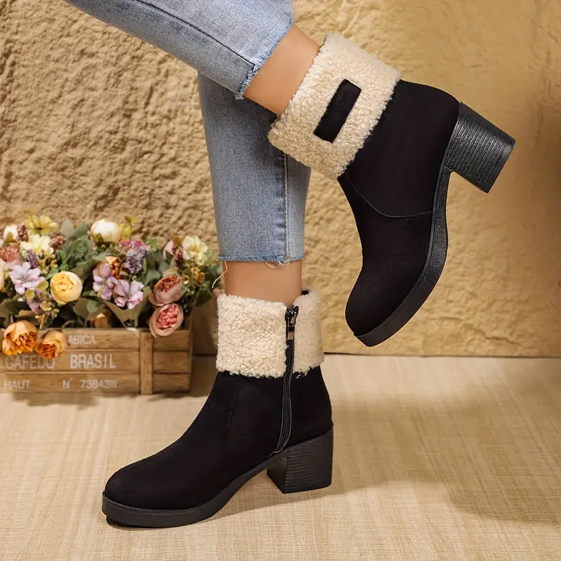 💝Elegant Women's Ankle Boots with Fur Trim, Zipper Closure, Thick High Heel, Round Toe, Plush Faux Fur Lining