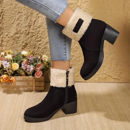 💝Elegant Women's Ankle Boots with Fur Trim, Zipper Closure, Thick High Heel, Round Toe, Plush Faux Fur Lining