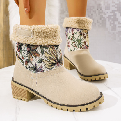 Flowers Embroidered Snow Boots Ethnic Style Platform Thick Square Heel Mid-tube Boot Winter Warm Cotton Shoes For Women