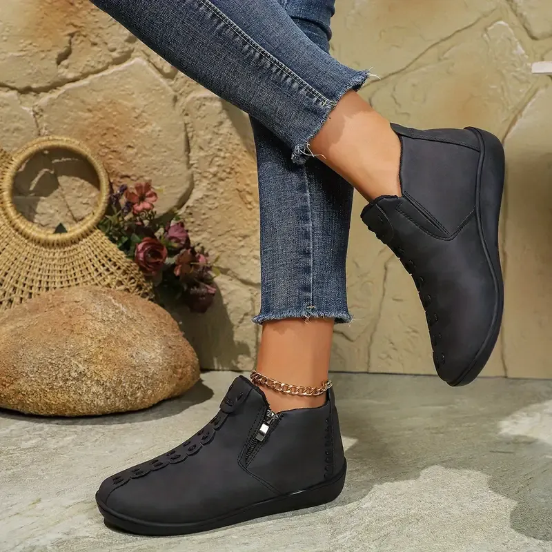 Women's Fashion Ankle Boots with Side Zipper - Round Toe,Waterproof upper,Comfortable TPR Sole & Fabric Lining