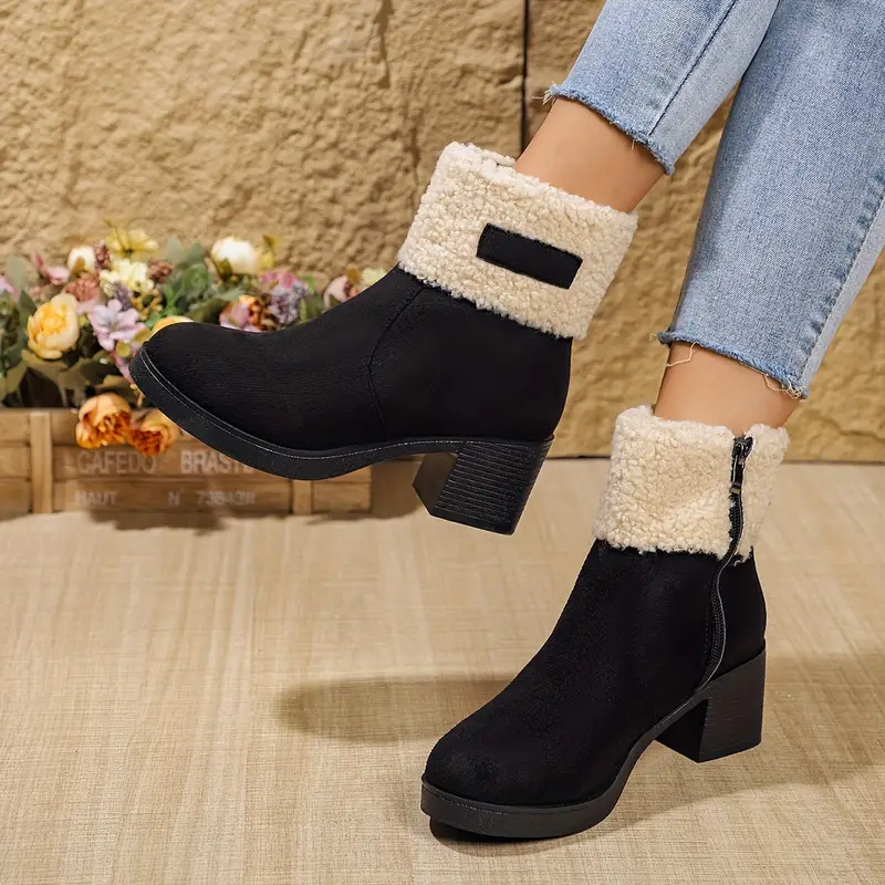 💝Elegant Women's Ankle Boots with Fur Trim, Zipper Closure, Thick High Heel, Round Toe, Plush Faux Fur Lining