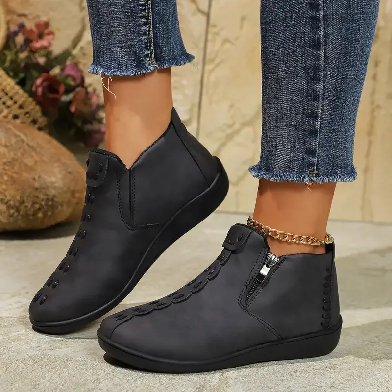 Women's Fashion Ankle Boots with Side Zipper - Round Toe,Waterproof upper,Comfortable TPR Sole & Fabric Lining