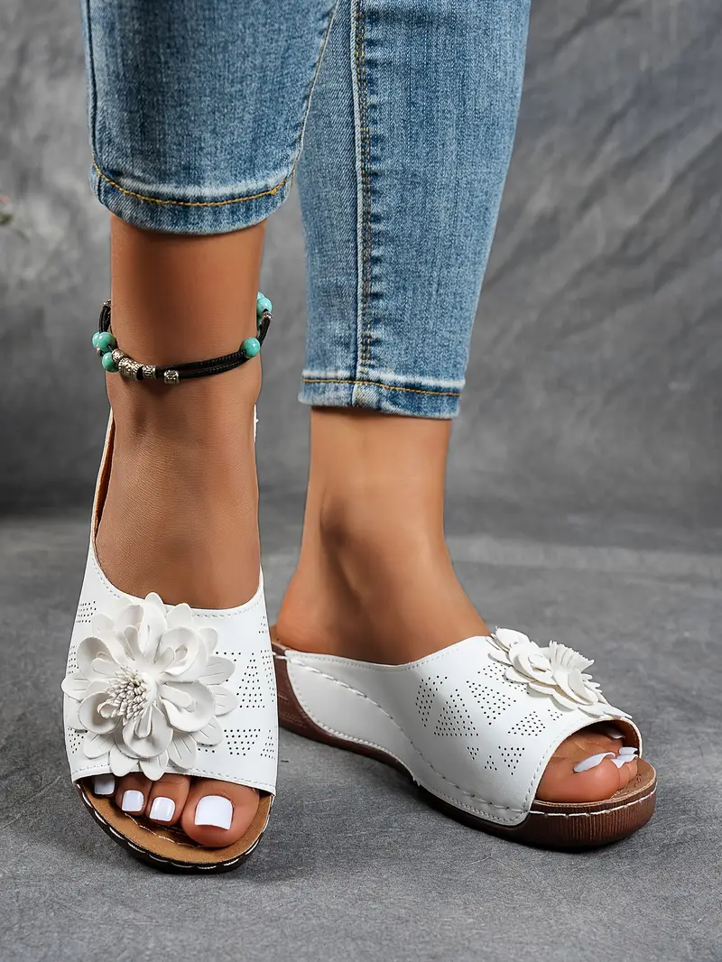 womens floral embellished sandals comfortable flat brown perforated design   thick rubber sole casual summer shoes everyday sandals summer style shoes pu cover sandals strappy sandals details 4