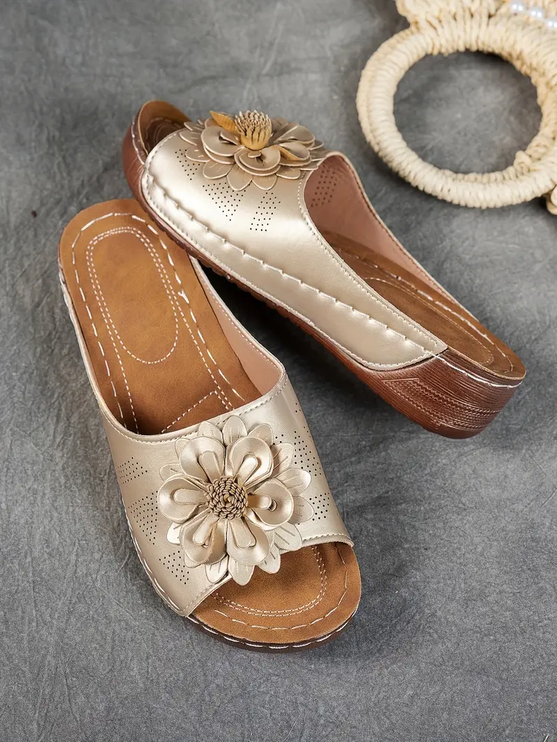 womens floral embellished sandals comfortable flat brown perforated design   thick rubber sole casual summer shoes everyday sandals summer style shoes pu cover sandals strappy sandals details 48