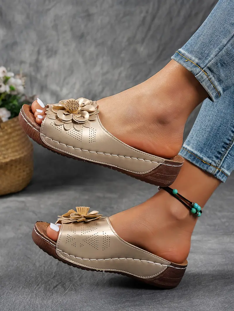 womens floral embellished sandals comfortable flat brown perforated design   thick rubber sole casual summer shoes everyday sandals summer style shoes pu cover sandals strappy sandals details 47