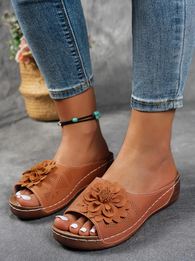 womens floral embellished sandals comfortable flat brown perforated design   thick rubber sole casual summer shoes everyday sandals summer style shoes pu cover sandals strappy sandals details 38