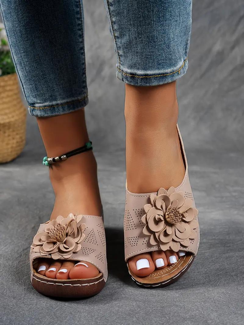 womens floral embellished sandals comfortable flat brown perforated design   thick rubber sole casual summer shoes everyday sandals summer style shoes pu cover sandals strappy sandals details 28