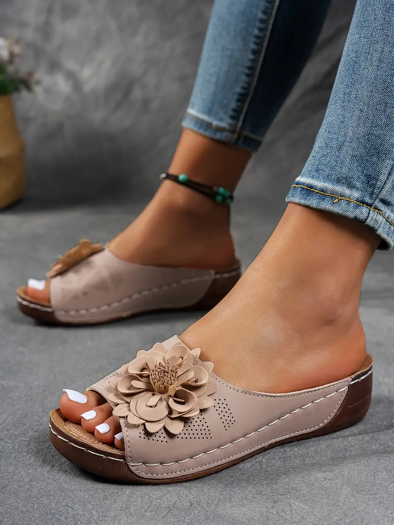 womens floral embellished sandals comfortable flat brown perforated design   thick rubber sole casual summer shoes everyday sandals summer style shoes pu cover sandals strappy sandals details 27