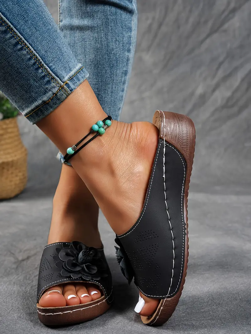 womens floral embellished sandals comfortable flat brown perforated design   thick rubber sole casual summer shoes everyday sandals summer style shoes pu cover sandals strappy sandals details 10