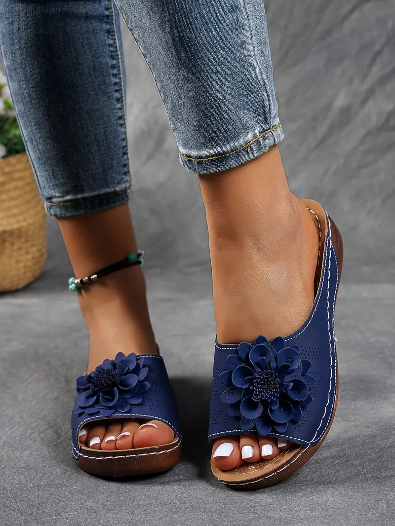 womens floral embellished sandals comfortable flat brown perforated design   thick rubber sole casual summer shoes everyday sandals summer style shoes pu cover sandals strappy sandals details 32