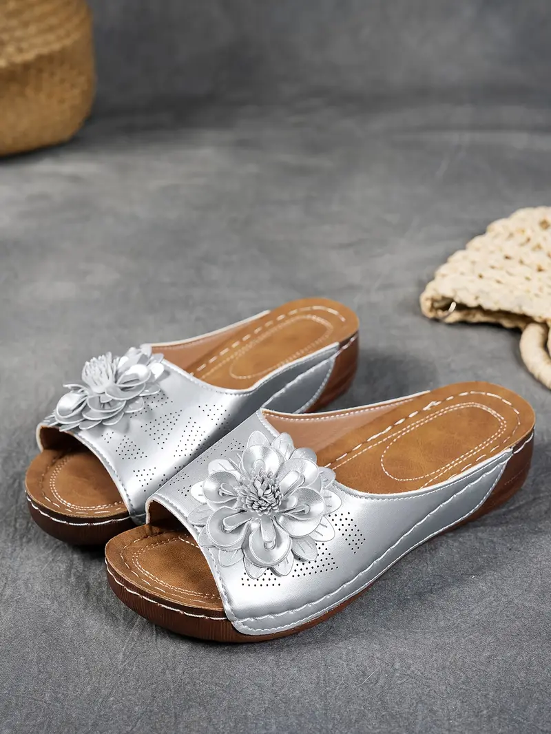 womens floral embellished sandals comfortable flat brown perforated design   thick rubber sole casual summer shoes everyday sandals summer style shoes pu cover sandals strappy sandals details 44