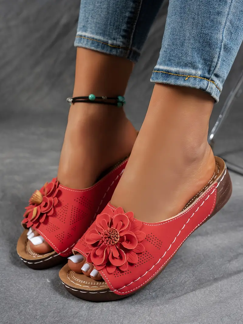 womens floral embellished sandals comfortable flat brown perforated design   thick rubber sole casual summer shoes everyday sandals summer style shoes pu cover sandals strappy sandals details 14