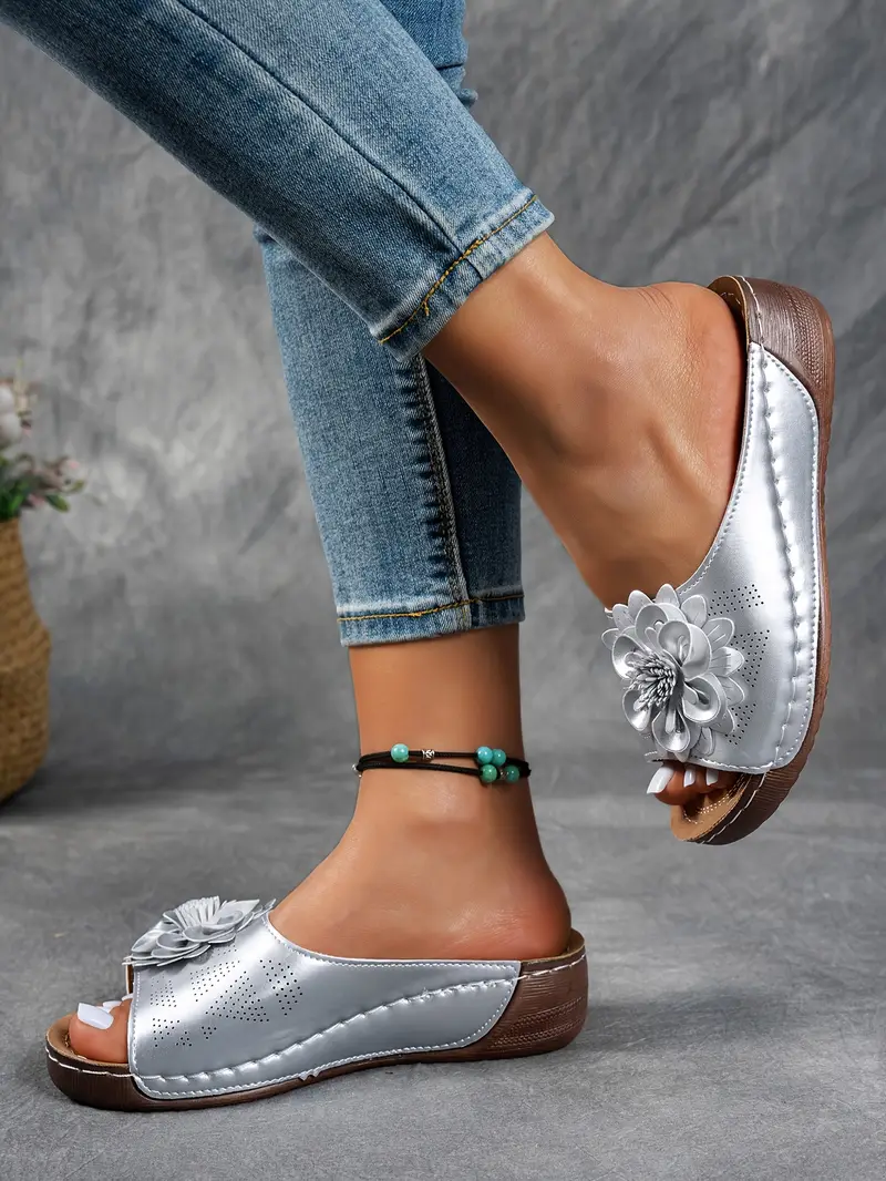 womens floral embellished sandals comfortable flat brown perforated design   thick rubber sole casual summer shoes everyday sandals summer style shoes pu cover sandals strappy sandals details 43